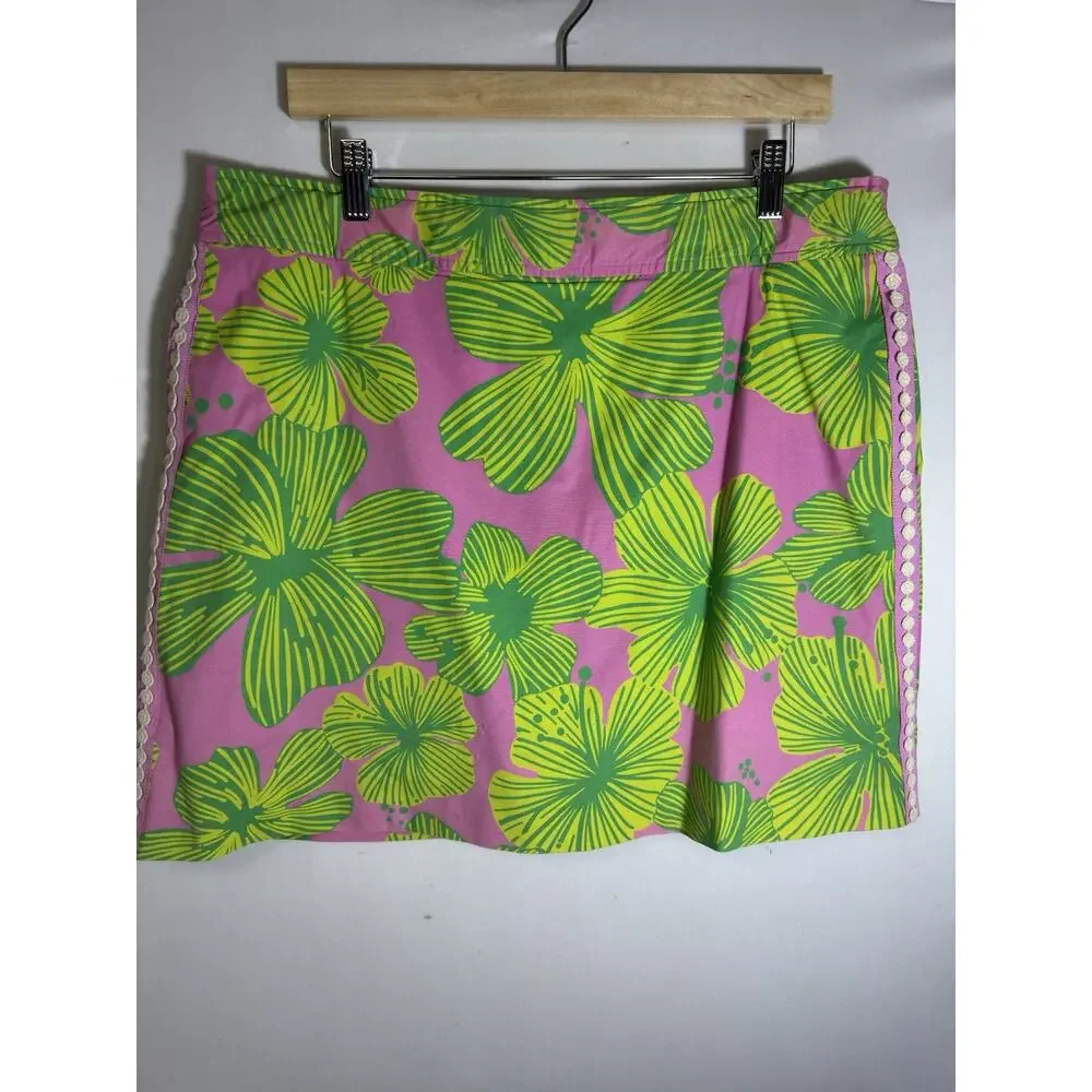 Lilly Pulitzer Skirt Womens 14 Pink Green Floral Mini Cotton Preppy Resort